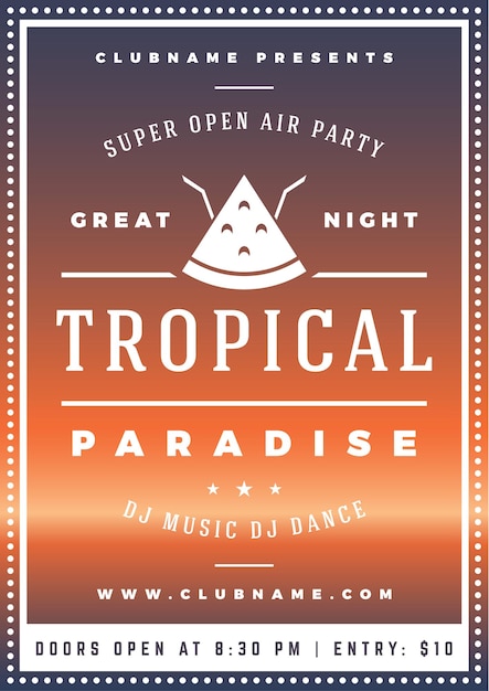 Tropical watermelon triangle slice with two straw paradise summer beach party poster template vector