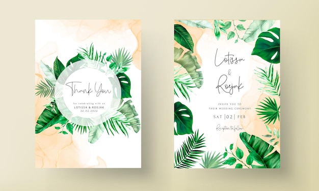 Tropical wedding invitation template with elegant tree leaves