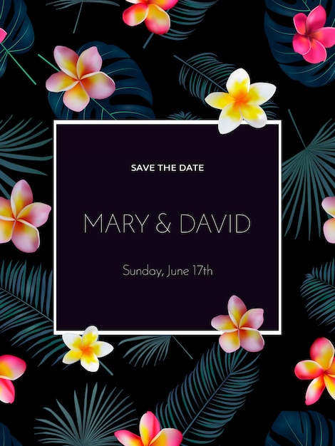 Vector tropical wedding invitation with orchid flowers and exotic palm leaves on dark background.