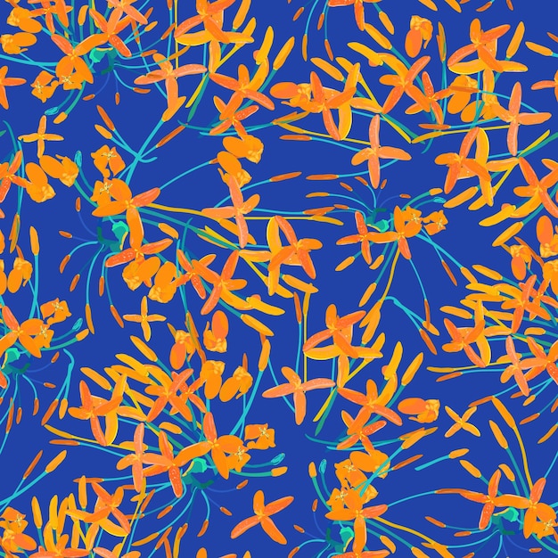 Tropical yellow flowers seamless pattern colorful isolated hand drawn plants on blue vector