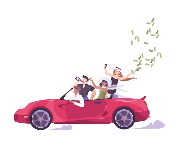 Troubled teens flat composition with group of rich kids in cabrio car