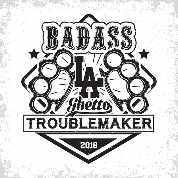 Troublemakers vintage emblem ,  grunge print stamp of badass, on whie background, 