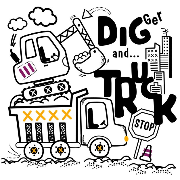 Vector truck and digger design doodle funny cartoon