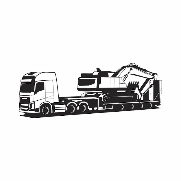 Truck pulling excavator silhouette