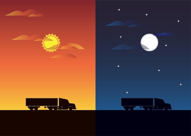 Vector truck silhouette in day and night background