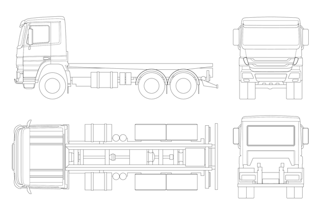 Truck tractor or semi-trailer truck in outline Combination of a tractor unit and one or more semi-trailers to carry freight. Side, front, back, top view.