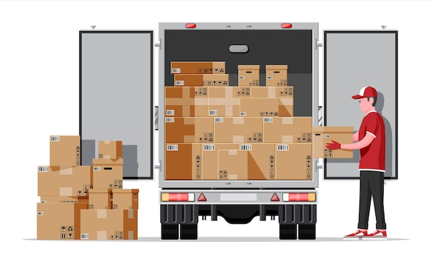 Truck trailer rear view loaded with cardboard boxes Delivery van with pile of boxes Express delivering services commercial truck Fast and free delivery Cargo logistic Flat vector illustration