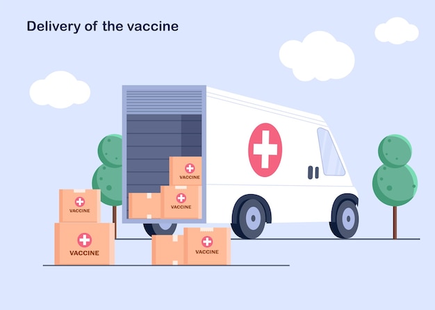 The truck with boxes of the vaccine. The vaccine was found for the virus. Delivery of medicines to pharmacies and at home.