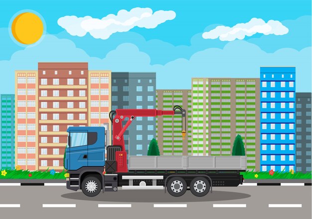 Vector truck with crane and platform, cityscape