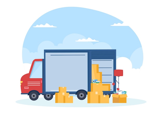 Trucking Transportation Cartoon Illustration with Cargo Delivery Services or Cardboard Box