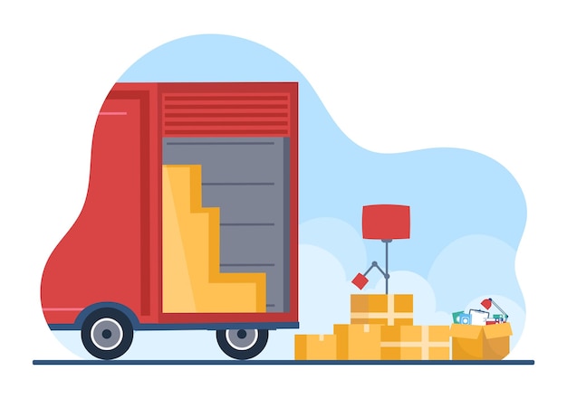 Trucking Transportation Cartoon Illustration with Cargo Delivery Services or Cardboard Box