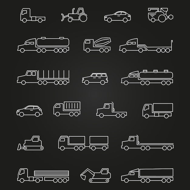 Trucks, cars, machines line icons of set