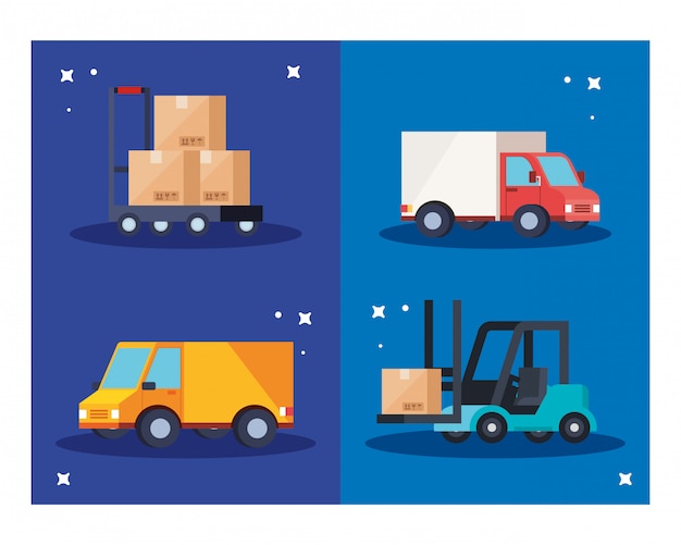 Trucks forklift and boxes over cart vector design