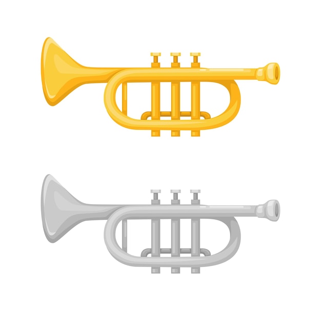 Trumpet music instrument symbol in gold and silver color set illustration vector