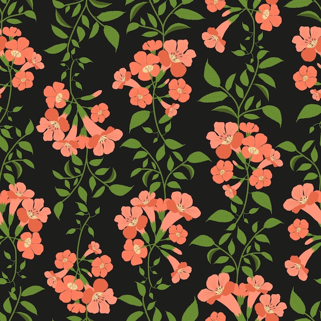 Trumpet vines flowers seamless pattern in dark background