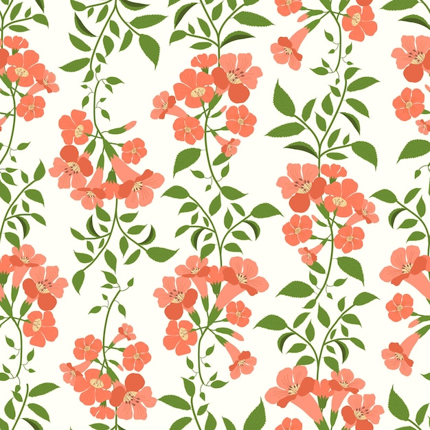 Trumpet vines flowers seamless pattern in light background