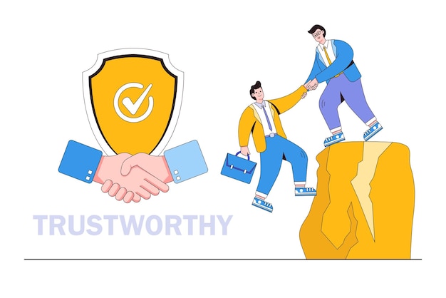 Trustworthy or integrity for partnership support and reliable to work together honesty or trust to help success team concepts Businessman hold hand tight with trusted partner in mountain cliff