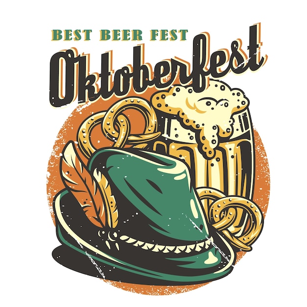 Tshirt colored print with beer pretzels and bavarian hat with a feather for oktoberfest