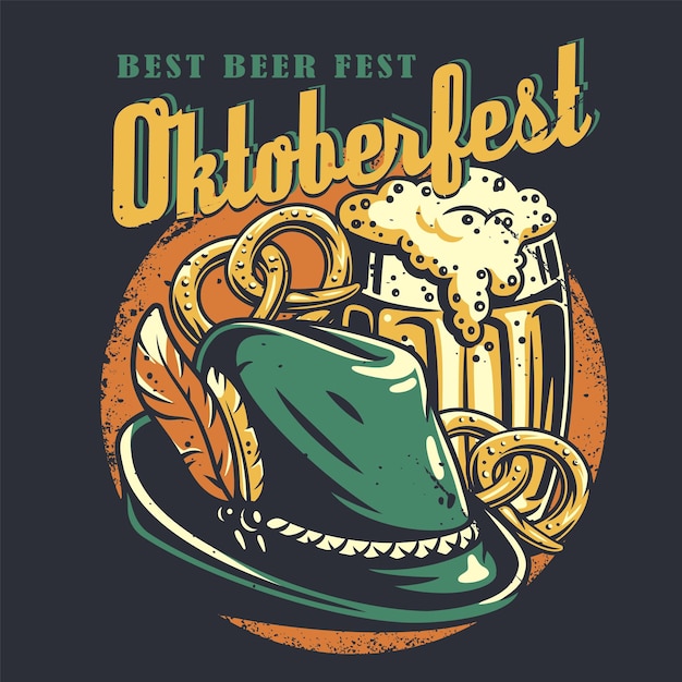 Tshirt colored print with beer pretzels and bavarian hat with a feather for oktoberfest