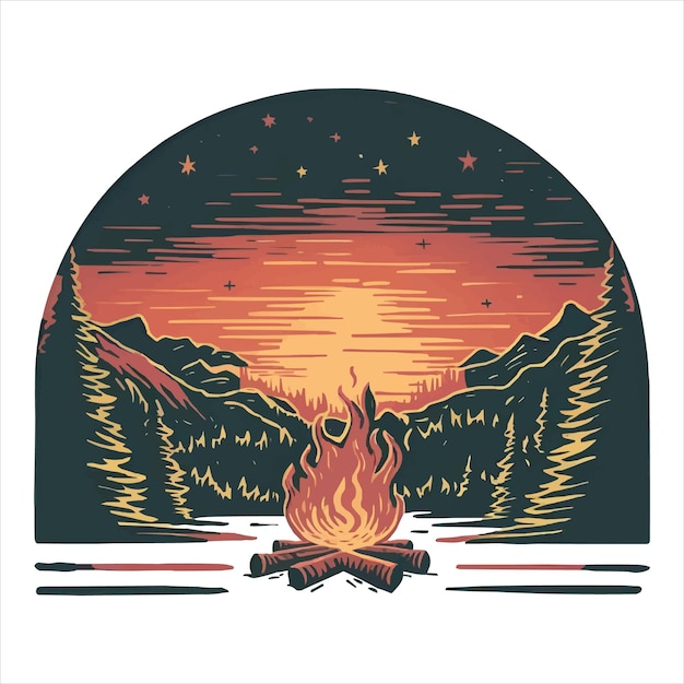 TShirt Design Campfire Adventure Outdoor Hill and Moonlit Night Illustration