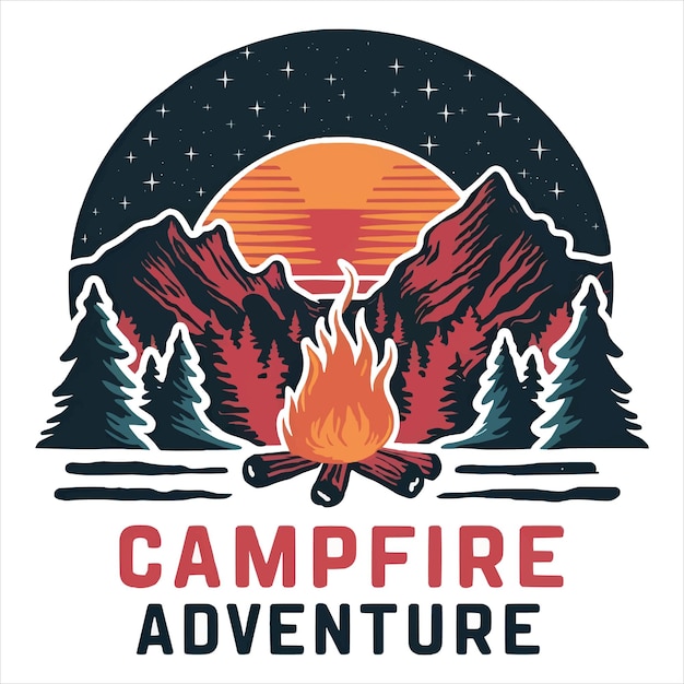 TShirt Design Campfire Adventure Outdoor Hill and Moonlit Night Illustration