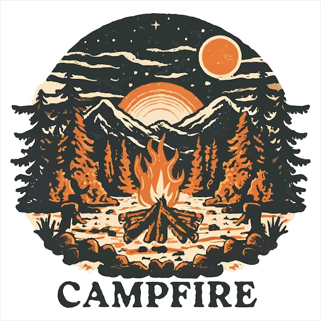 TShirt Design Campfire Adventure Outdoor Hill and Moonlit Night Illustration