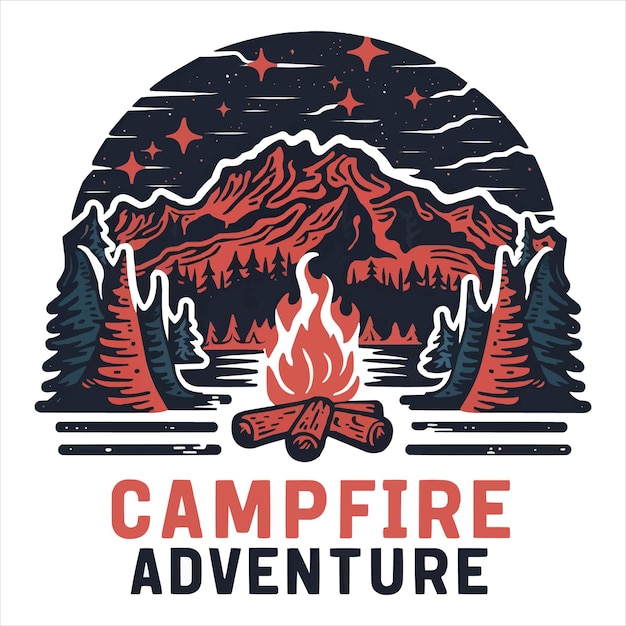 TShirt Design Campfire Adventure Outdoor Hill and Moonlit Night Illustration