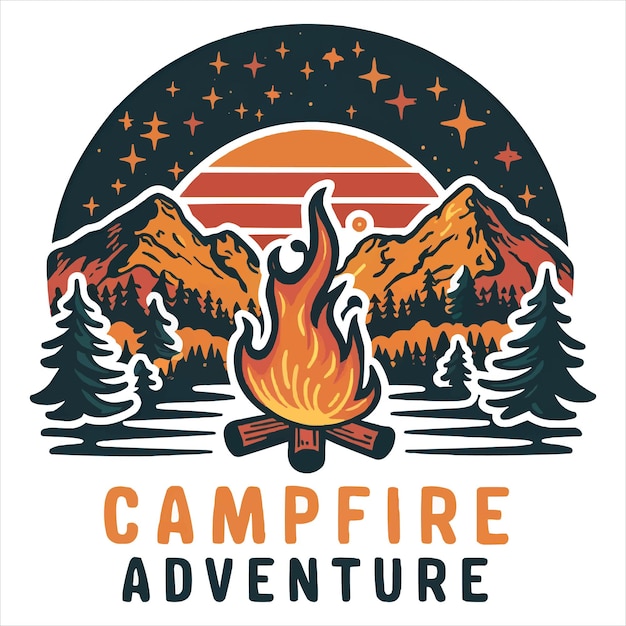 TShirt Design Campfire Adventure Outdoor Hill and Moonlit Night Illustration