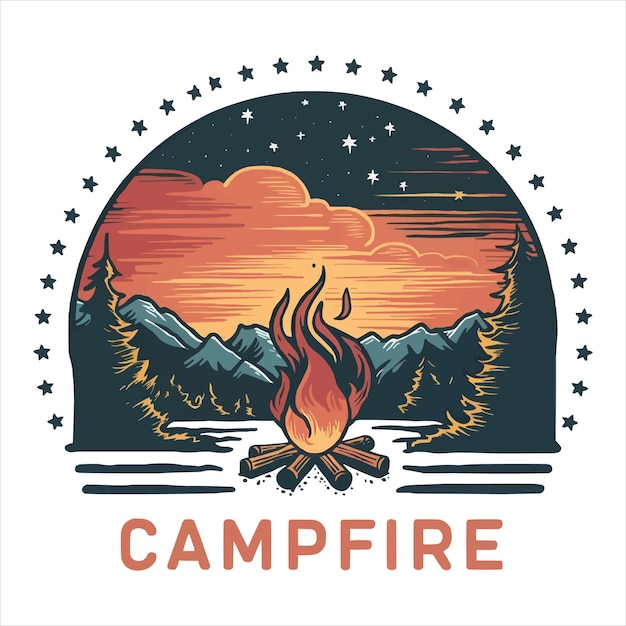 TShirt Design Campfire Adventure Outdoor Hill and Moonlit Night Illustration