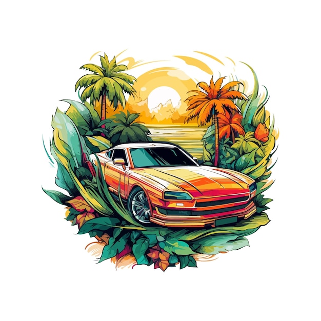 tshirt design car with palm trees in the background