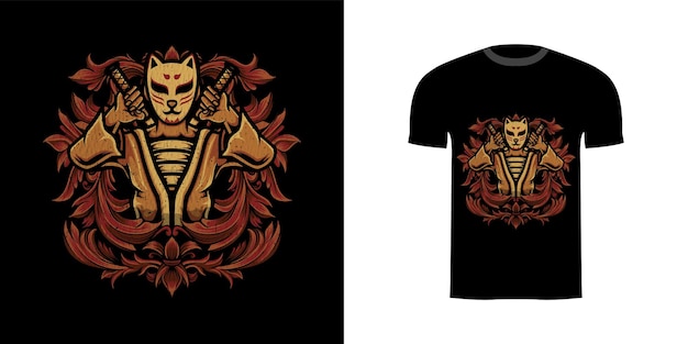 tshirt design illustration kitsune warrior with engraving ornament