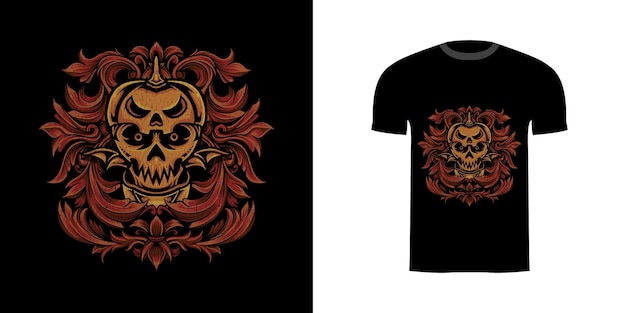 tshirt design illustration skull pumpkin with engraving ornament