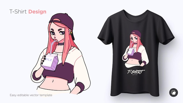 Tshirt design of stylish cool girl drinking her milk Anime style illustration for tshirts