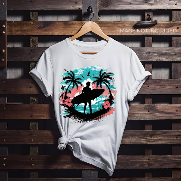 Tshirt design a surfer silhouetted against a stylized tropical island scene with palm trees