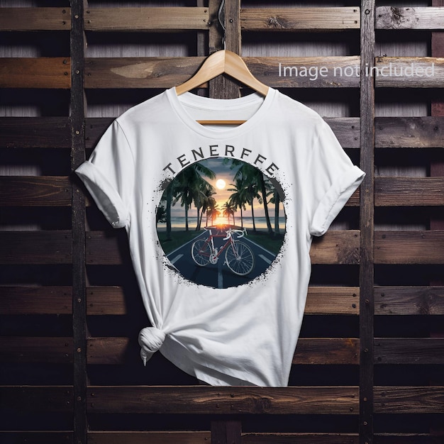 tshirt design of a vintage road bike riding along a palm tree lined beach at dusk