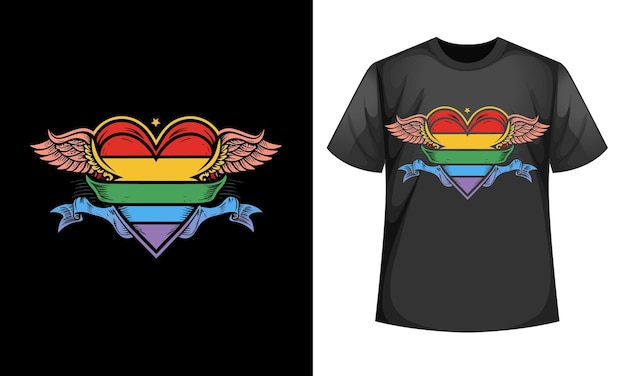 Tshirt design of a winged heart with a rainbow