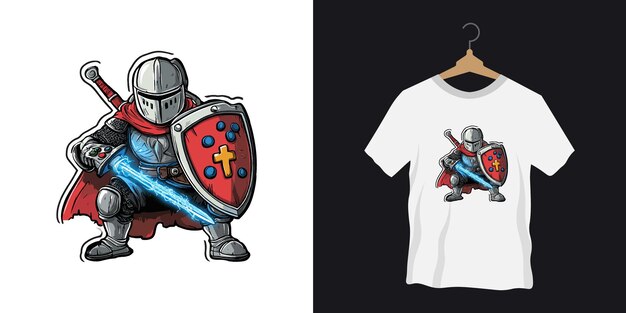 Vector the tshirt design with a medieval knight with a gaming controller