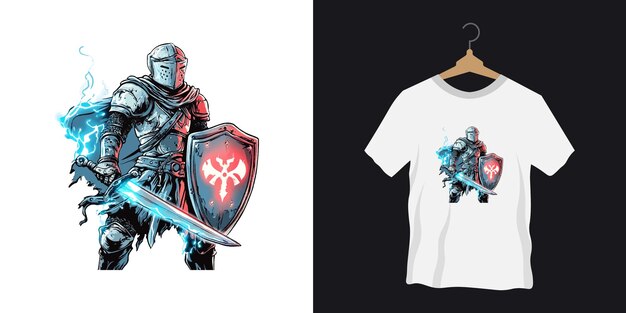 Vector the tshirt design with a medieval knight with a gaming controller