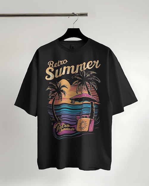 A tshirt design with a retro summer vibe Featuring palm trees a sunset and vintagestyle beach