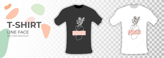 Tshirt mockup in white and black colors Mockup of realistic shirt with line face abstract woman Realistic vector illustration