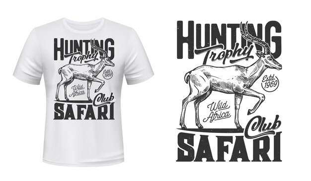 Tshirt print with antelope vector sketch, African safari hunting club mascot