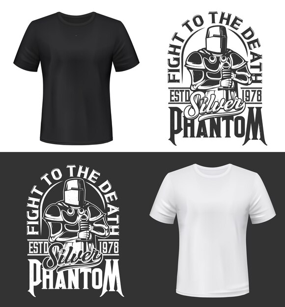 Vector tshirt print with knight and sword , fight club mascot medieval warrior wearing helmet and armor. monochrome apparel design silver phantom typography, isolated t shirt print or label