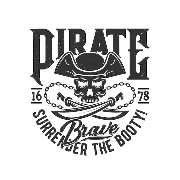 Tshirt print with pirate skull in cocked hat