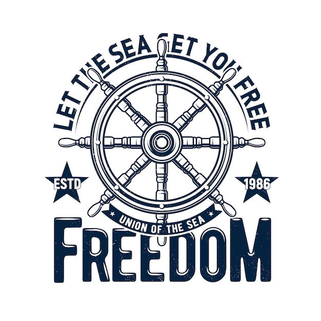 Tshirt print with ship steering wheel, regatta sea cruise emblem with blue grunge helm