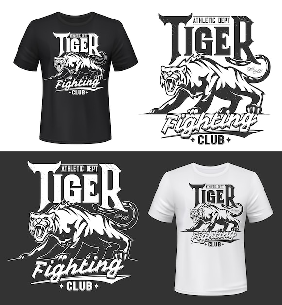 Tshirt print with tiger, roaring wild animal, fighting club mascot