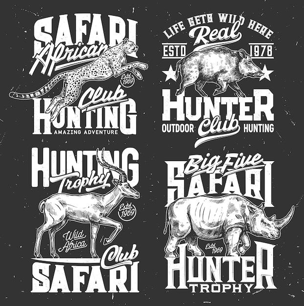 Tshirt prints Safari hunting vector sketch emblems with animals rhino, leopard, gazelle and boar. Wild African animals mascots for safari hunting club, hunter society or team labels for apparel design