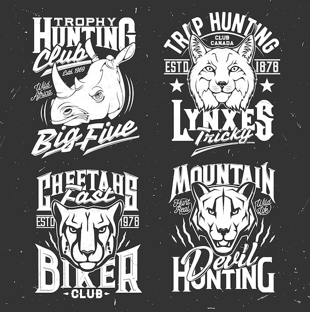 Tshirt prints with cougar puma, cheetah, rhino, mountain lion and lynx heads. Vector mascots for hunting and biker club apparel design. T shirt emblems with roar wild cat animals and typography set