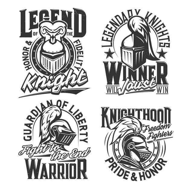 Vector tshirt prints with knight heads vector mascots set