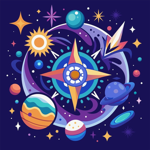 Tshirt sticker design of a inspired by celestial elements like stars and galaxies for a cosmic