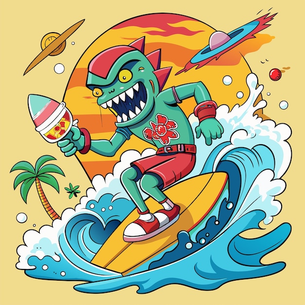 Tshirt sticker of a humorous illustration merging pop culture references with surfing motifs